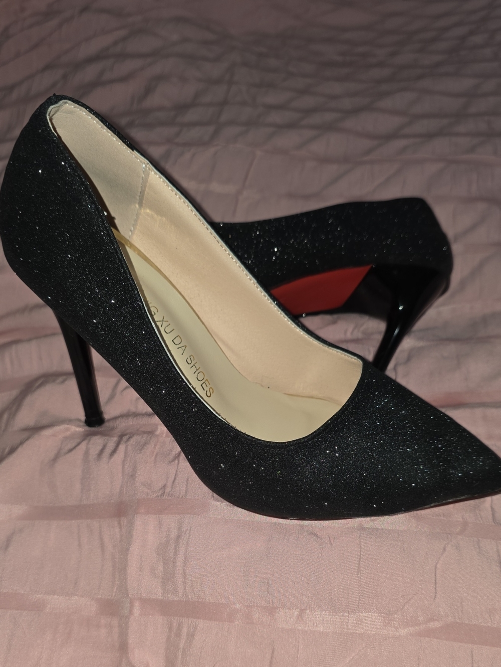 Black Glitter Pointed Toe High Heels by